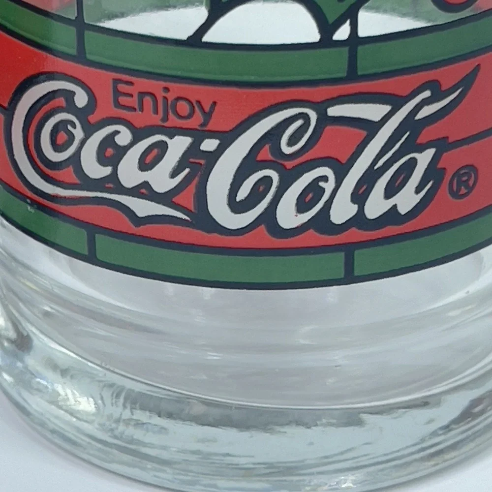 Vintage COCA COLA Christmas Holly Berry Stained Glass Drinking Glasses Set‎ Of 2